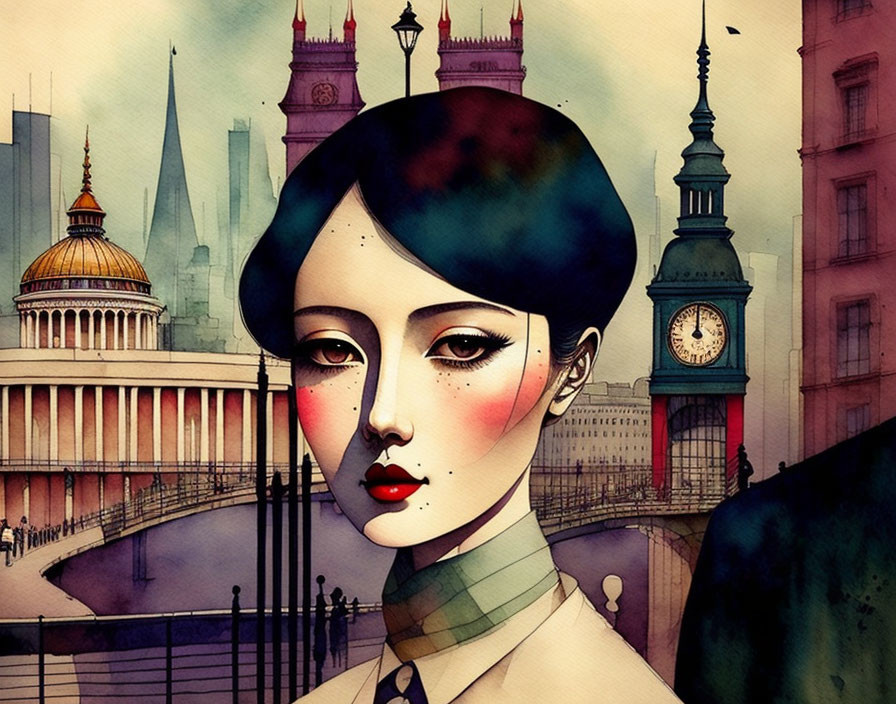 Urban skyline woman illustration with Big Ben in her hair - warm tones & watercolor textures.