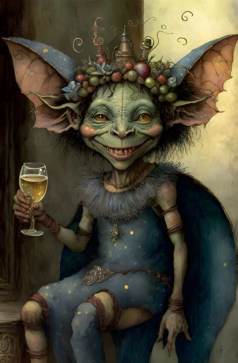 Fantasy creature with large ears, toothy smile, ornate headgear, holding wine glass in