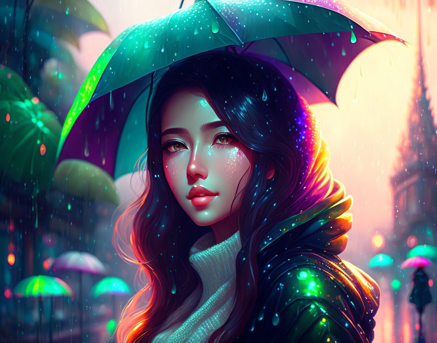 Digital Art: Woman with Green Umbrella in City Rain