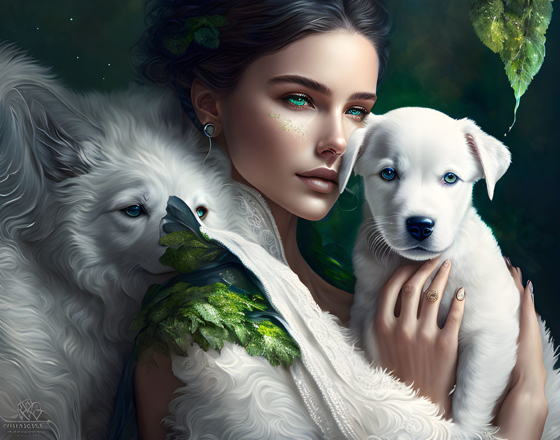 Woman with Green Eye Accents Holding White Puppy in Mystical Setting