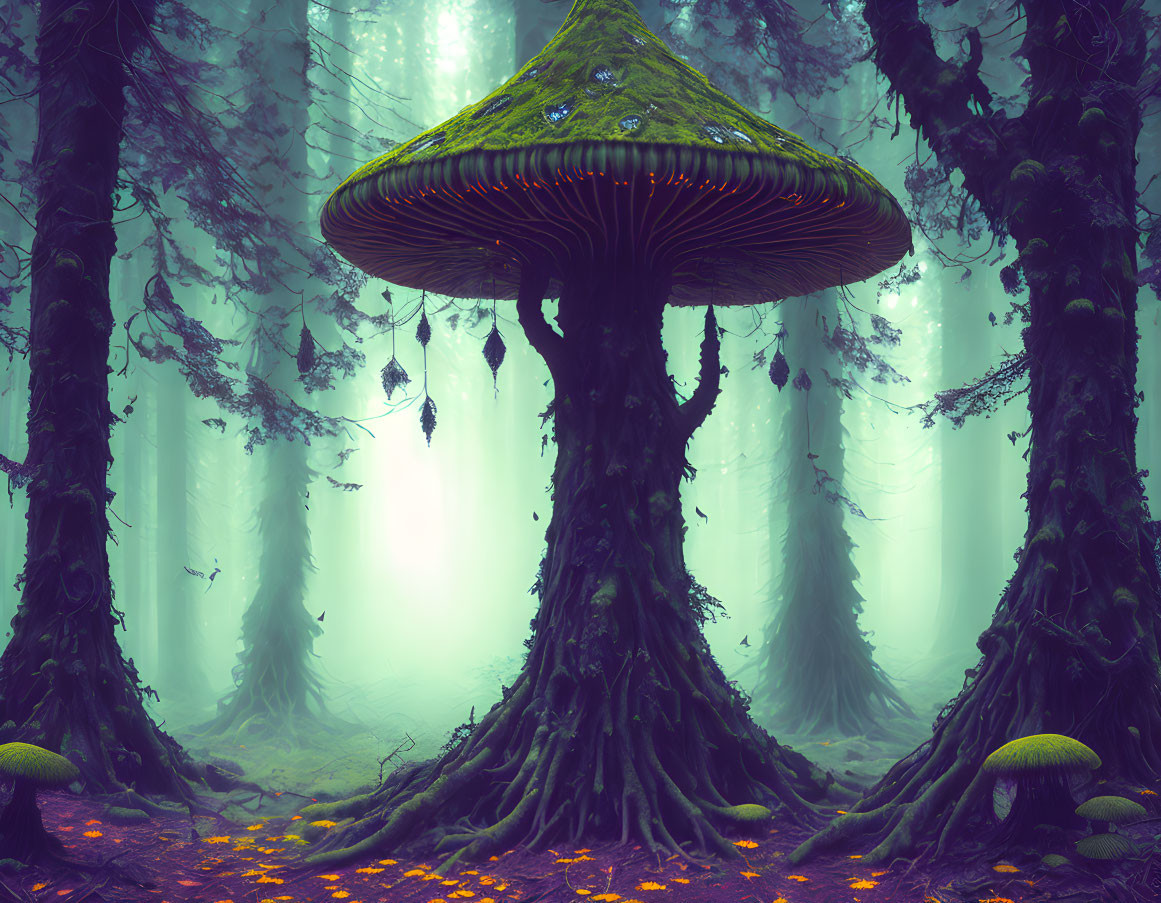 Enormous mushroom integrated into tree trunk in mystical forest