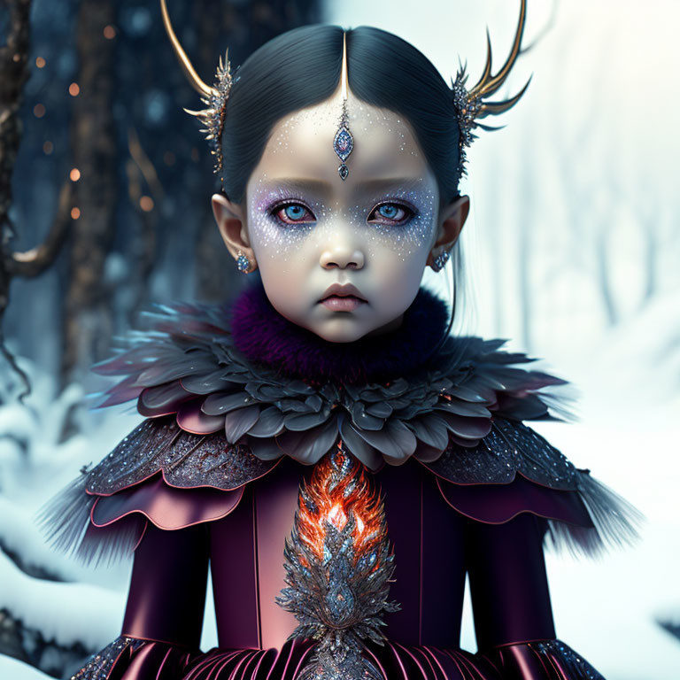 Child with deer antlers in ornate purple attire on snowy background