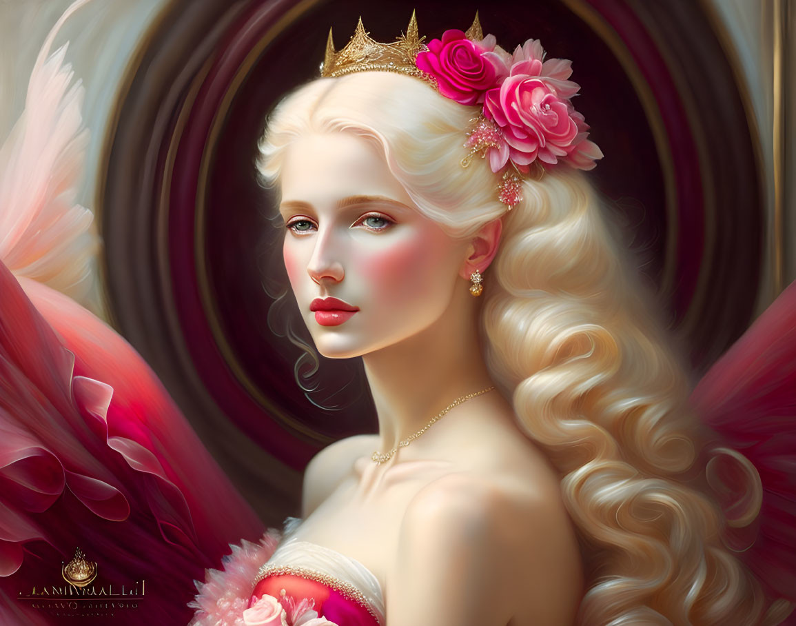 Fair-skinned woman with blond hair, crown, pink flowers, and golden necklace