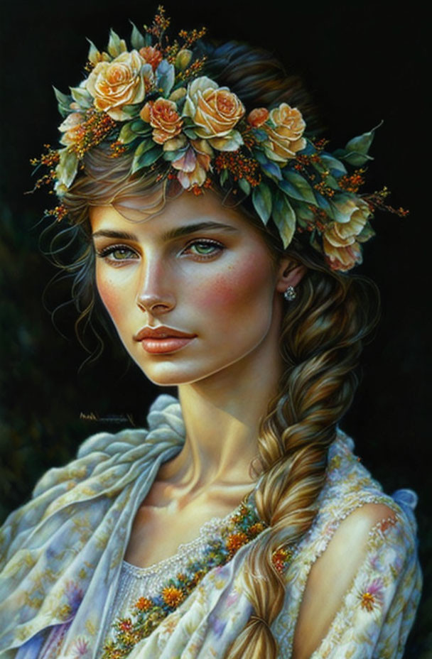 Detailed portrait of woman with green eyes and floral crown in serene expression on dark background