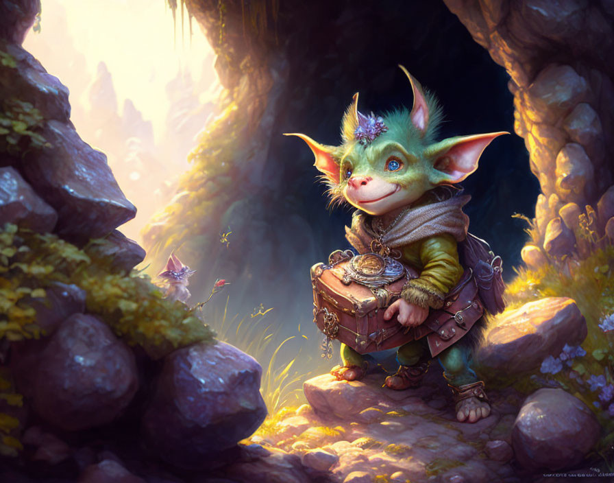 Green-skinned goblin holding chest in rocky setting with soft light