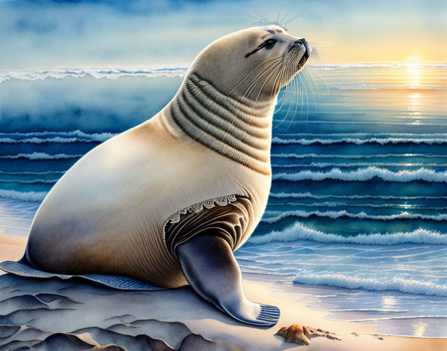 Seal with intricate skin patterns basking on beach at sunset