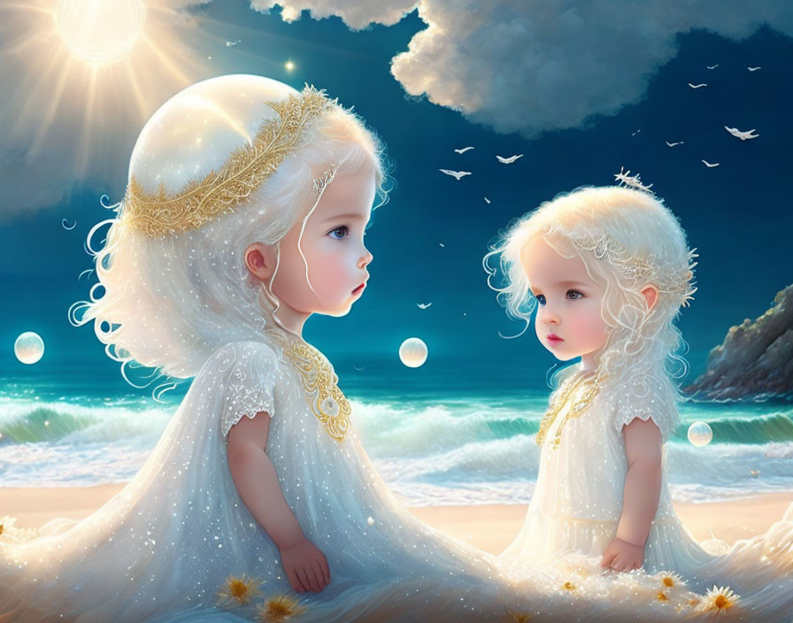 Illustrated young girls in white dresses on sunlit beach with bubbles and birds