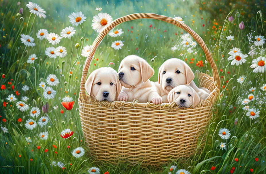 Four adorable puppies in wicker basket among wildflowers.