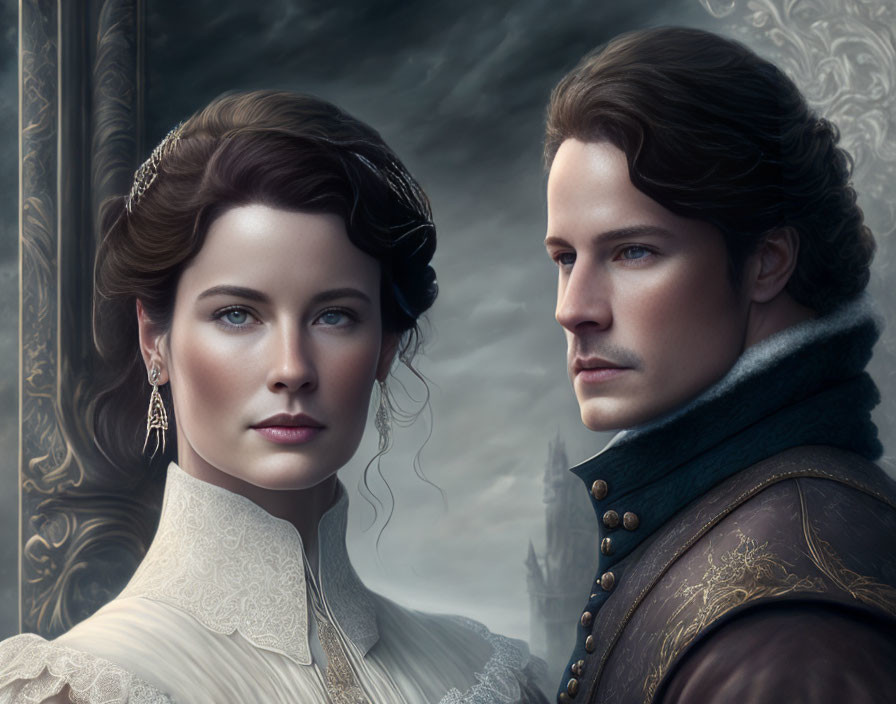 Detailed Digital Artwork: Man and Woman in Historical Clothing with Moody Victorian-Era Backdrop