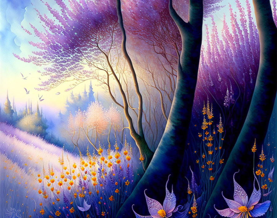 Vibrant purple trees and whimsical flora in fantastical landscape