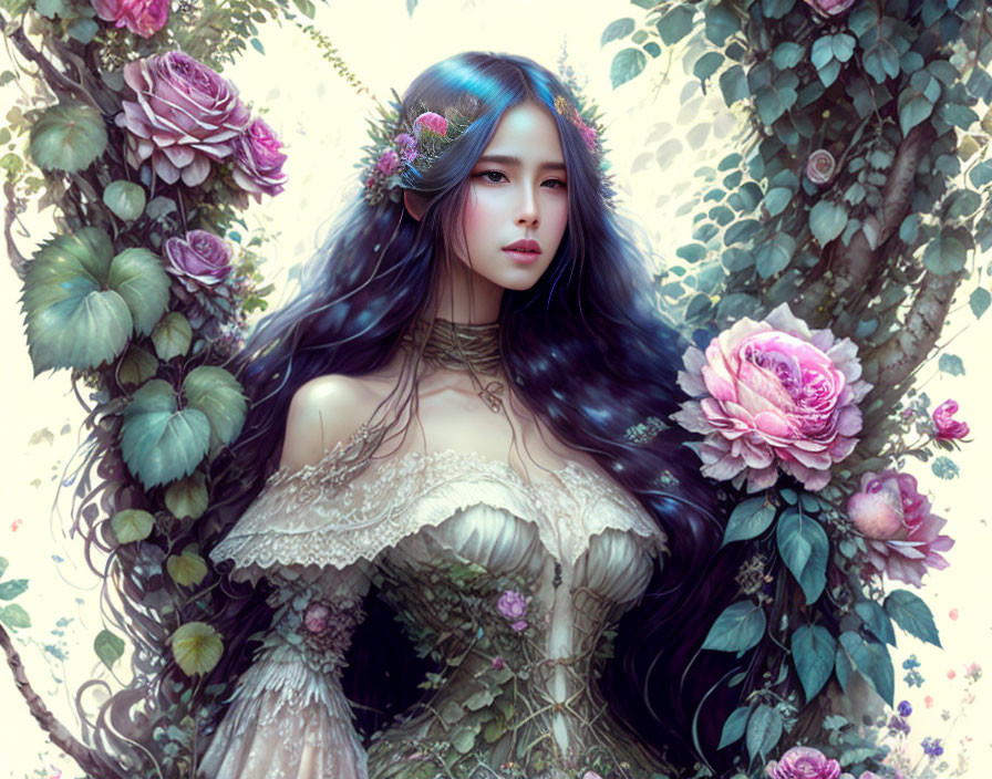 Illustration of woman with long hair and flowers in serene garden