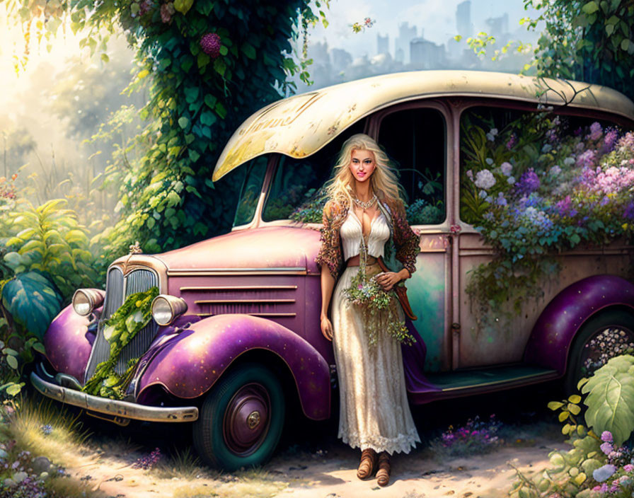 Vintage-clad woman by purple classic car in lush setting with cityscape.