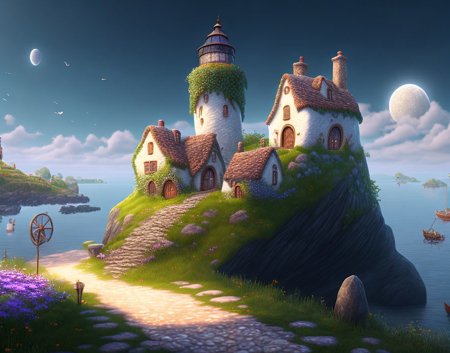 Fantasy landscape with storybook cottages, lighthouse, double moons, and serene sunset.