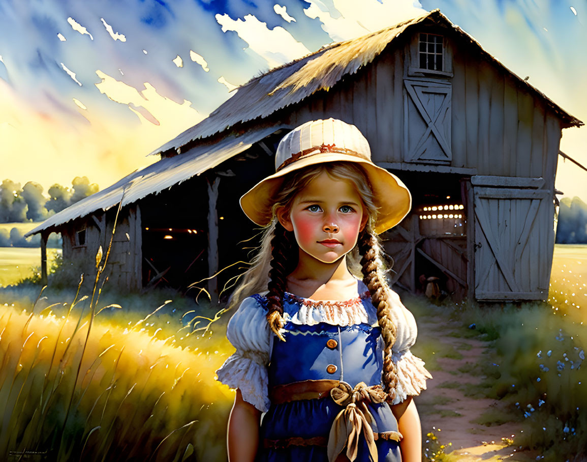 Young girl with braided hair in hat in sunny field near old barn with dramatic lighting