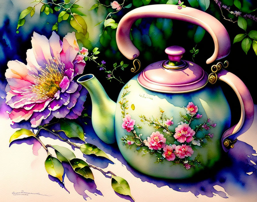 Vibrant whimsical teapot with pink flowers and gold accents in lush garden