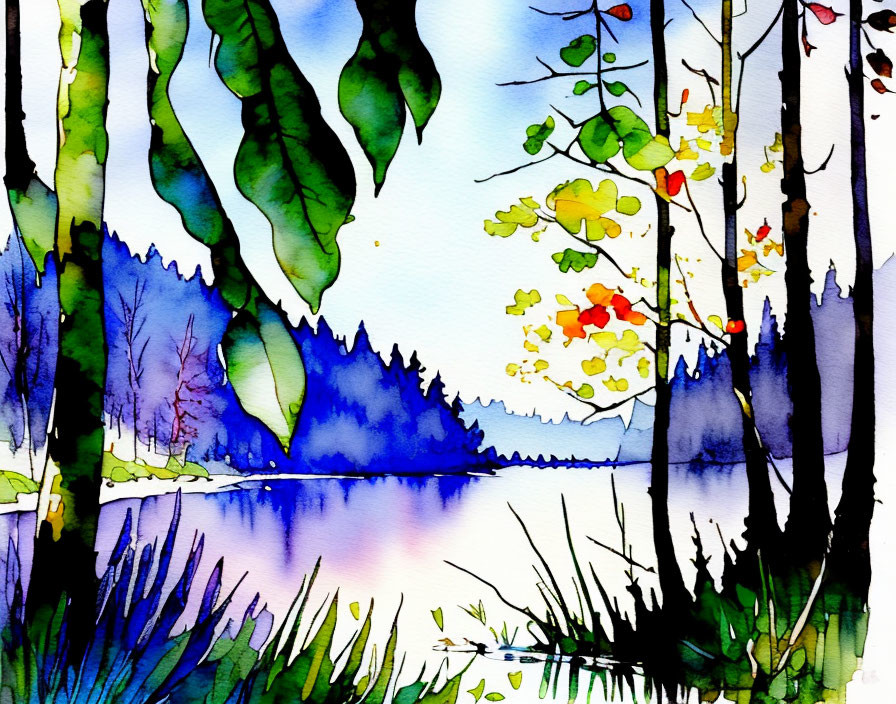 Serene lakeside watercolor painting with colorful foliage