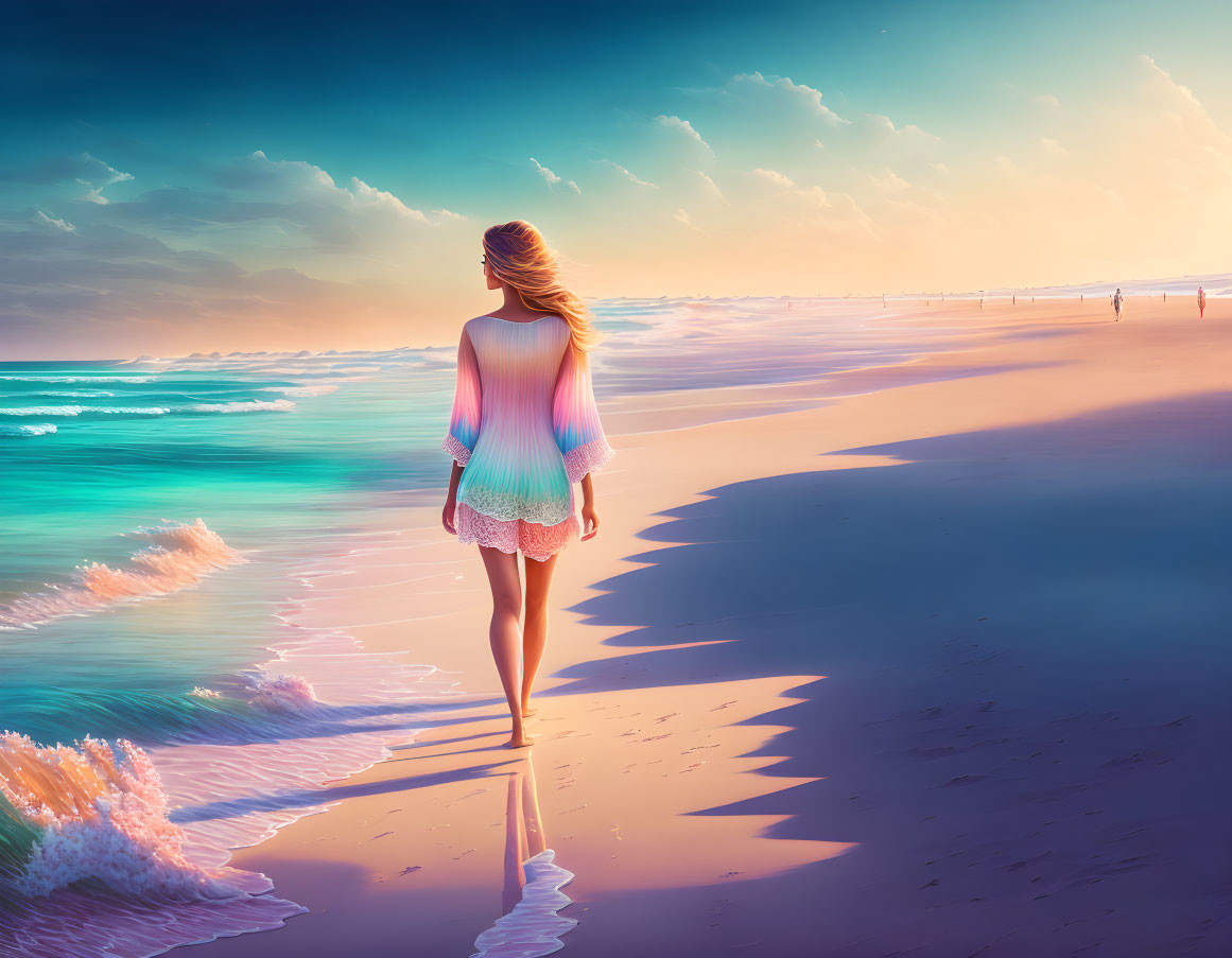 Woman walking on beach at sunset with long shadow and blue waves