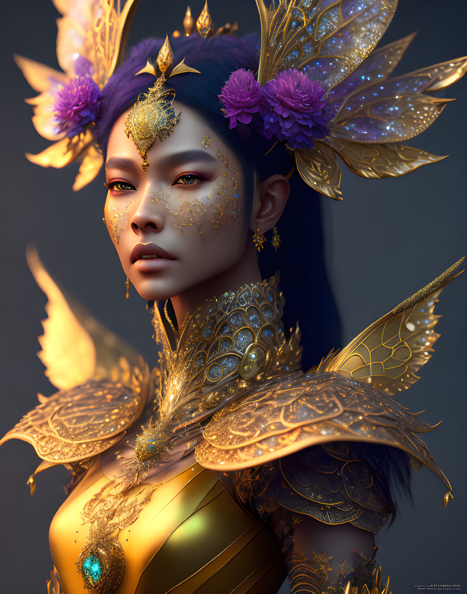 Woman in Gold and Purple Fantasy Armor with Feathers and Headpiece