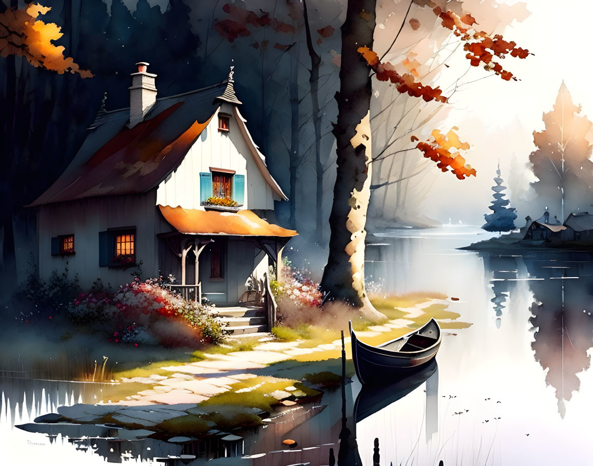 Tranquil autumn landscape with cottage, lake, colorful trees, and canoe