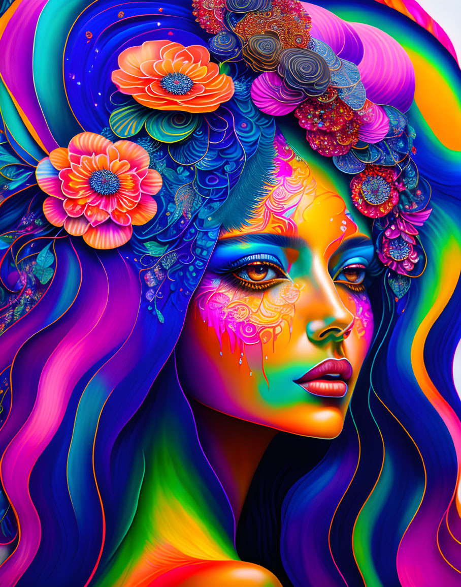 Colorful portrait of woman with multicolored hair and skin, adorned with floral and cosmic designs.