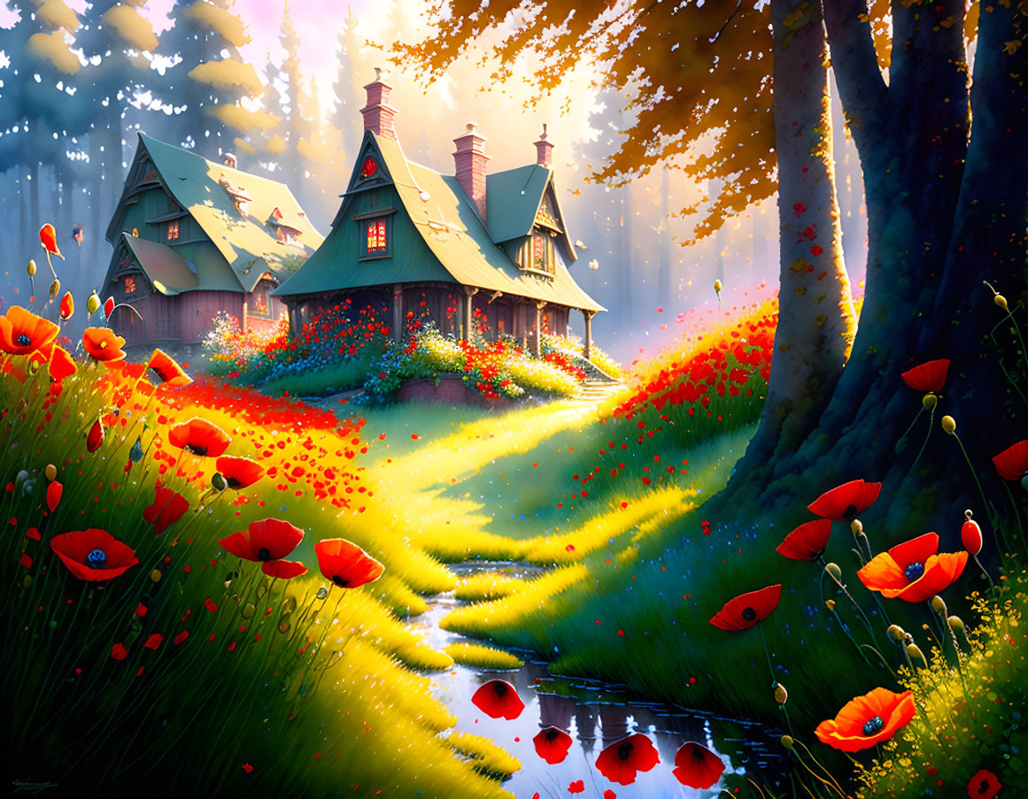 Idyllic Cottage Surrounded by Red Poppies and Sunlight