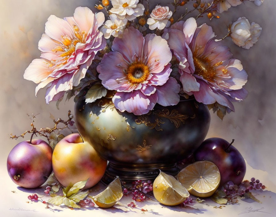 Vibrant flowers in dark vase with fruits on soft background