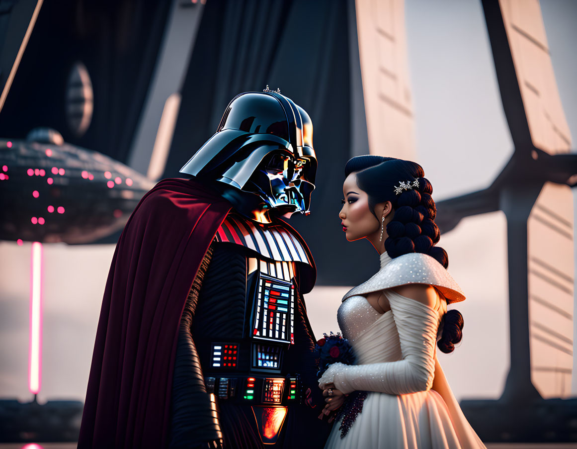 Bride and Darth Vader share moment in futuristic setting