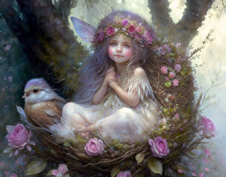 Fantasy illustration of fairy girl with large ears in mystical forest