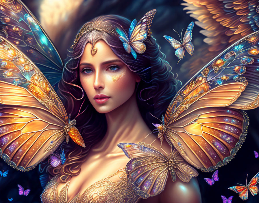 Fantastical Woman with Butterfly Wings Surrounded by Butterflies