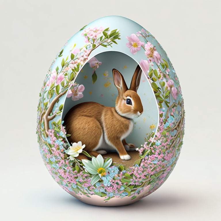 Rabbit in Easter egg with spring flowers & blossoms