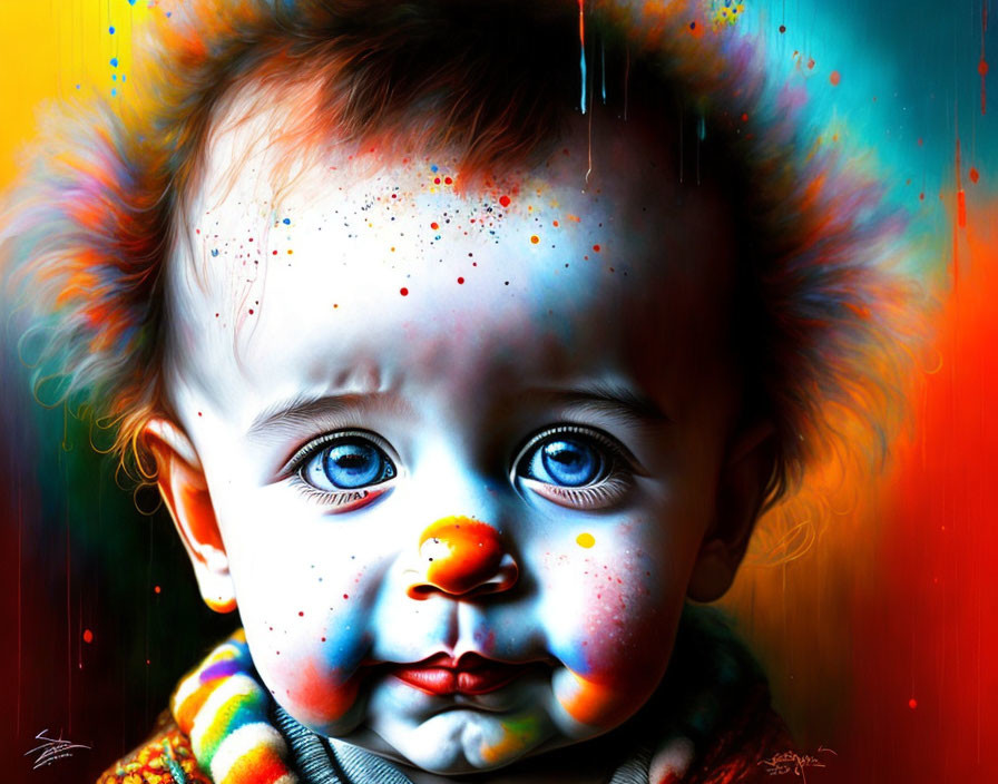 Vibrant baby digital art with colorful eyes and paint splatter effects