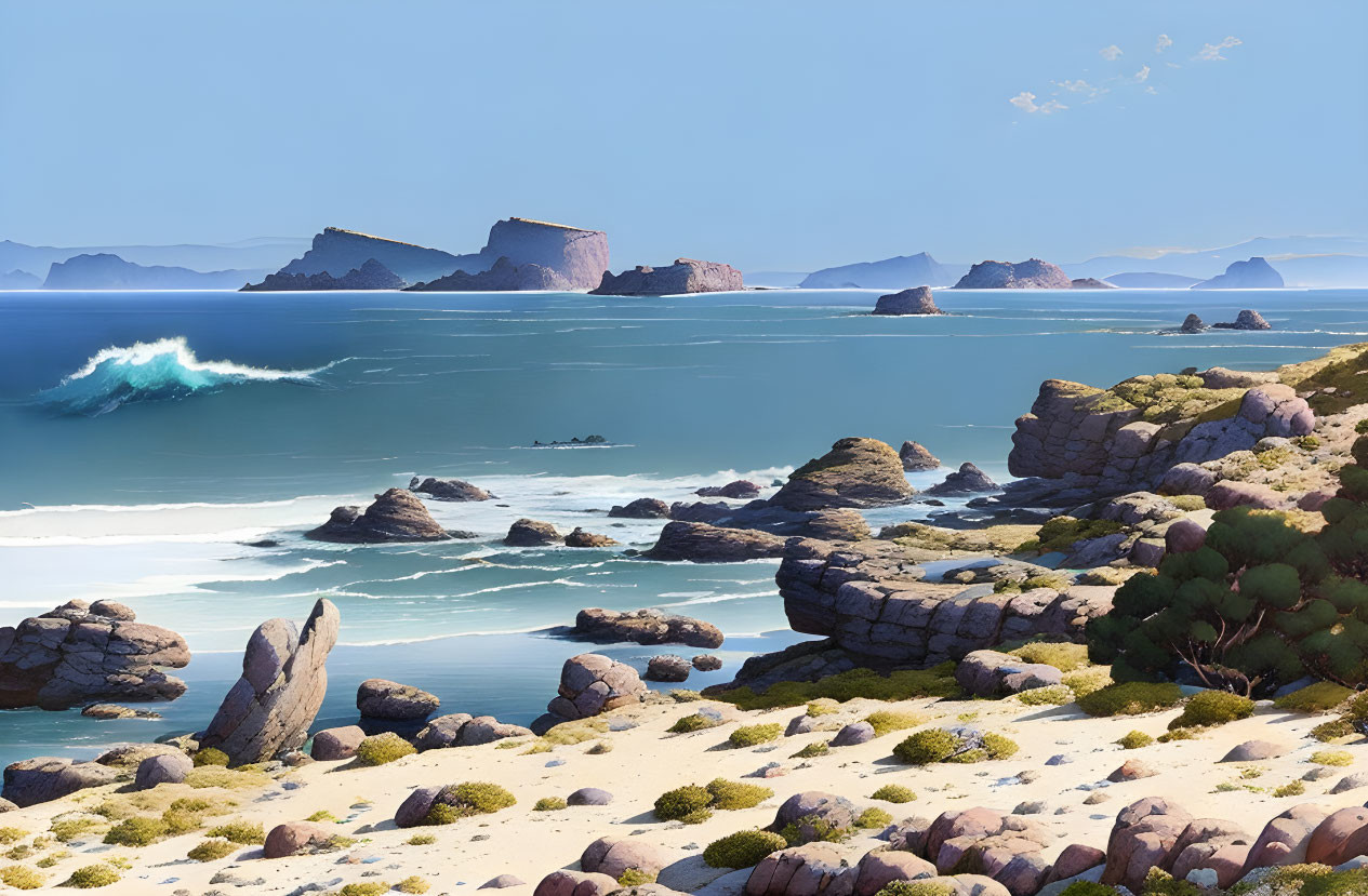 Scenic Coastal Landscape with Waves, Rock Formations, and Beach