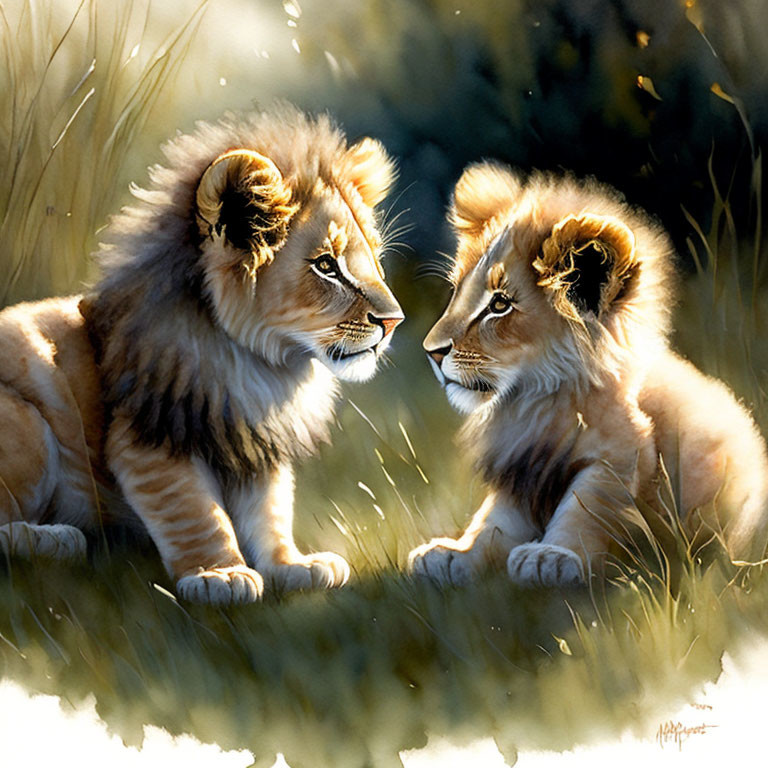 Lion cubs sitting in golden sunlight among grass