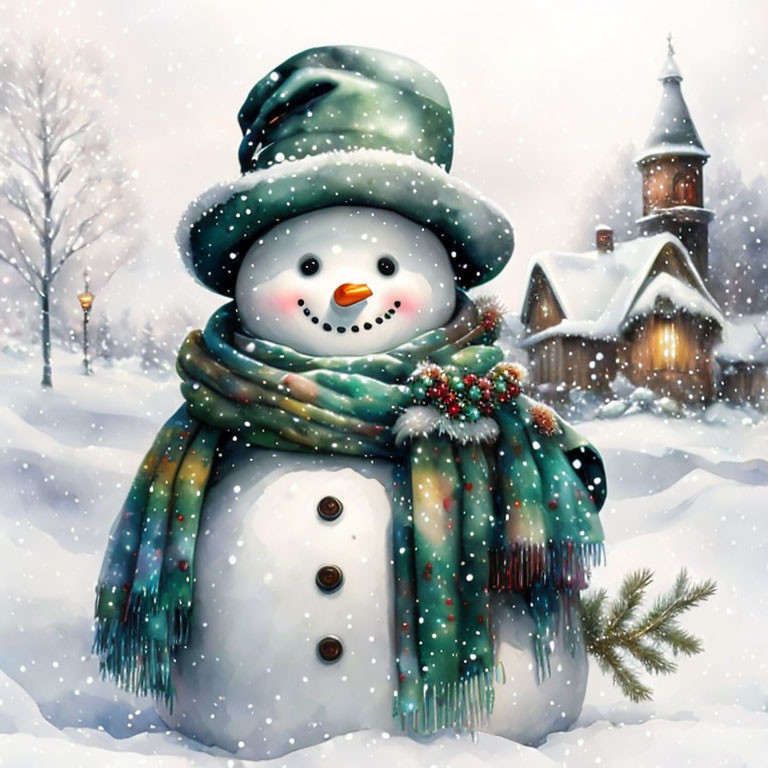 Cheerful snowman in green hat and scarf with snowy village backdrop