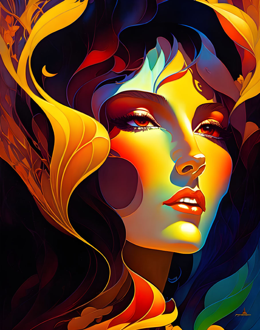 Colorful flowing hair portrait of a woman with warm and cool tones