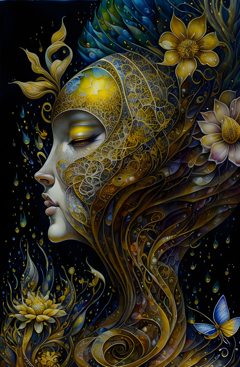 Detailed portrait of a woman with golden headdress, flowers, butterfly in mystical setting