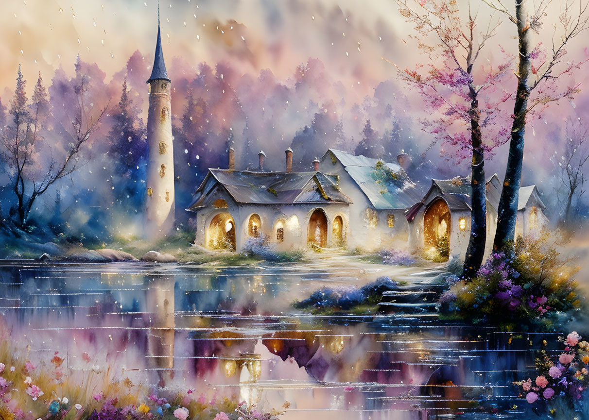 Tranquil village scene with tower reflected on lake