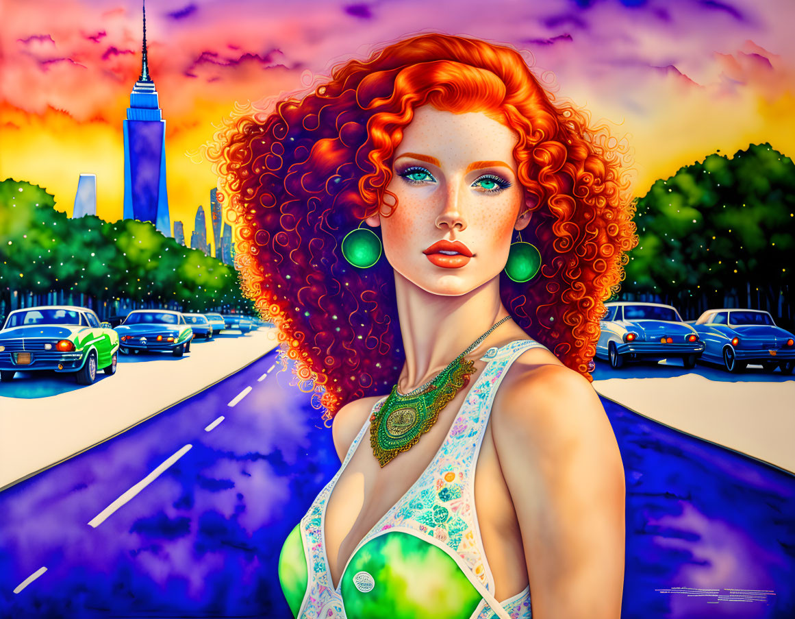 Colorful portrait of woman with red curly hair and green accessories in vibrant cityscape.