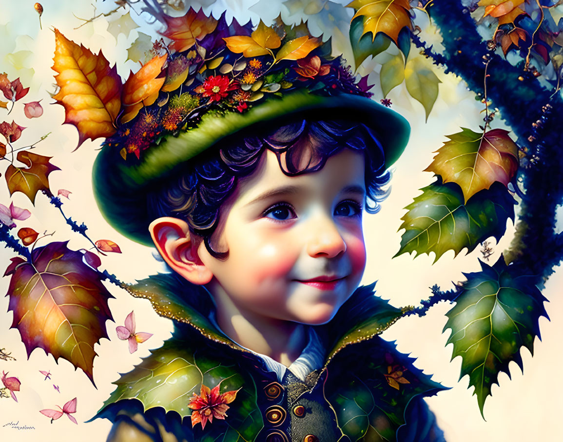 Colorful Child Illustration with Autumn Leaves Hat and Butterflies