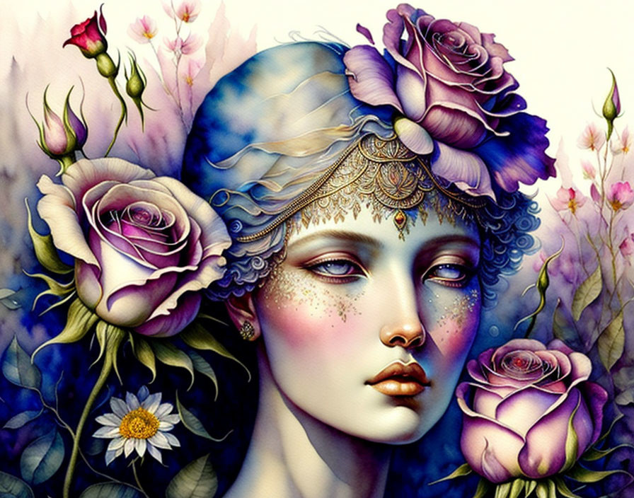 Woman with Floral Adornments and Celestial Color Palette