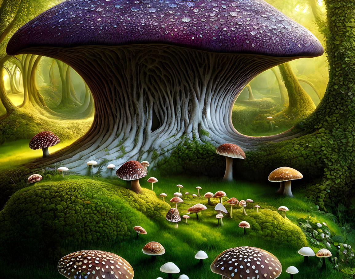 Lush enchanted forest with oversized mushrooms and dreamlike ambiance