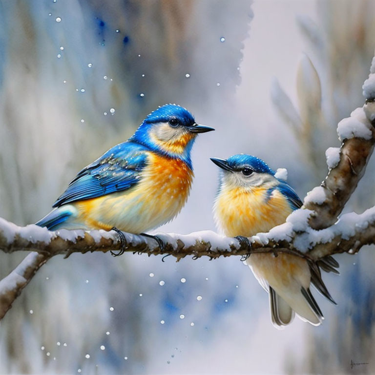 Colorful Blue and Yellow Birds on Snowy Branch in Winter