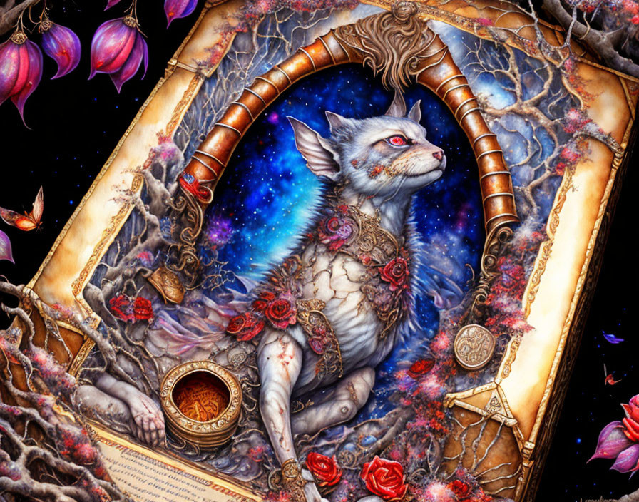 Fantasy anthropomorphic feline creature in ornate frame with roses and interstellar patterns