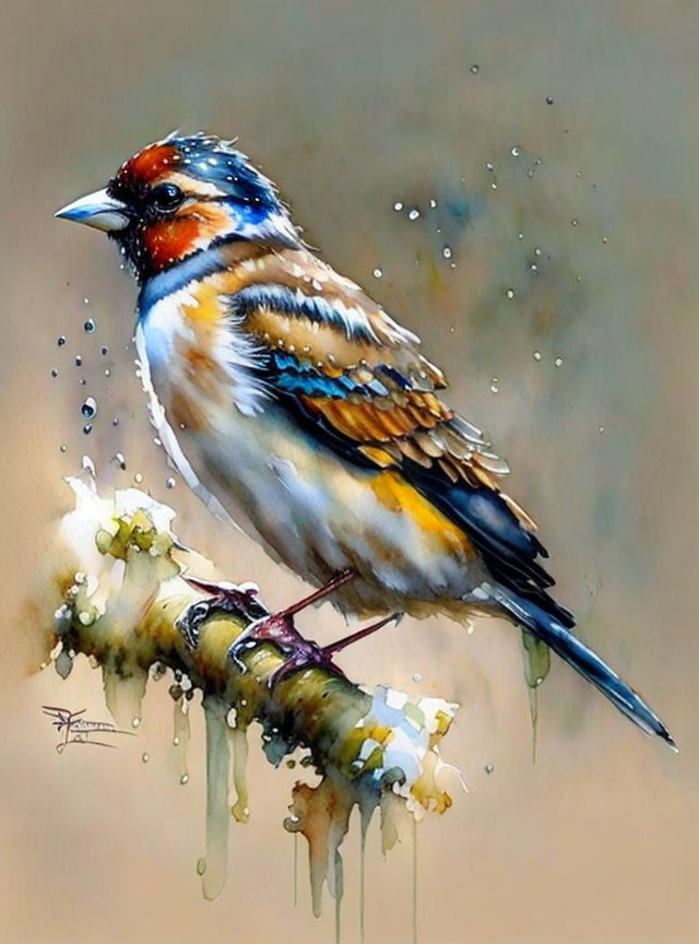 Colorful Watercolor Painting: Finch on Branch with Blending Colors