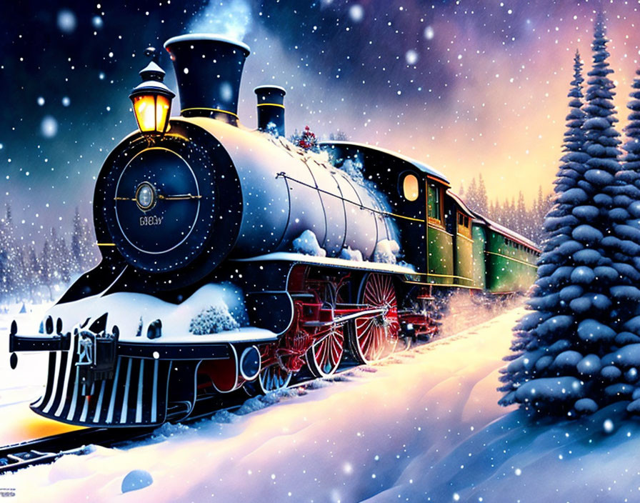 Vintage steam locomotive in snowy landscape with Christmas decorations