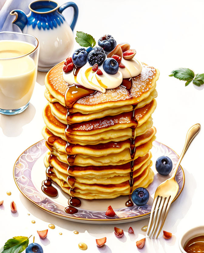 Stack of Pancakes with Fresh Berries, Banana, and Milk