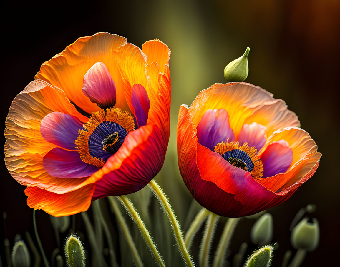 Vibrant orange poppies on blurred background with bud and stems.