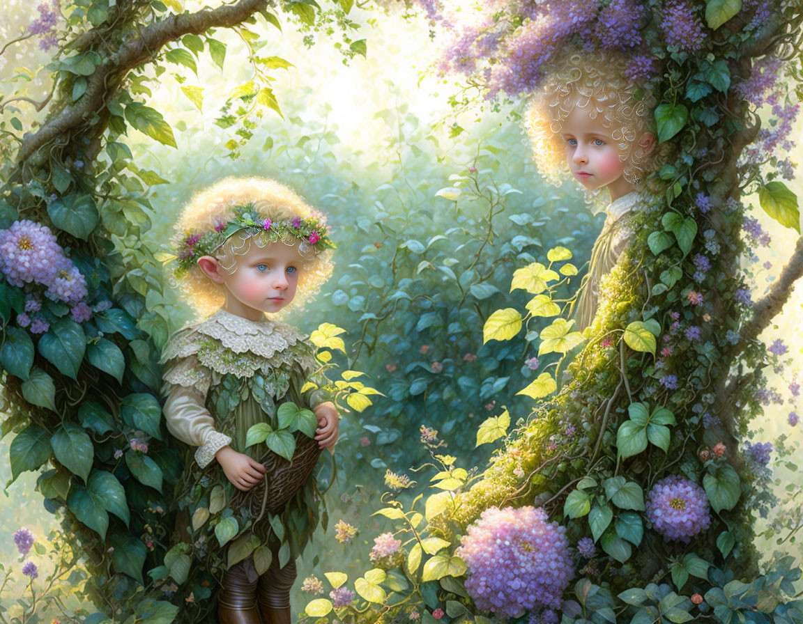 Whimsical children with floral wreaths in lush greenery