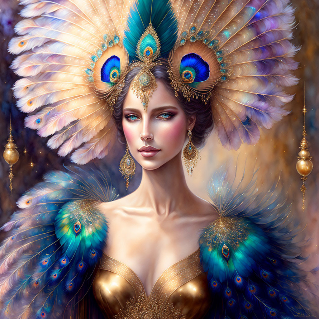Regal woman in peacock feather headdress and golden attire