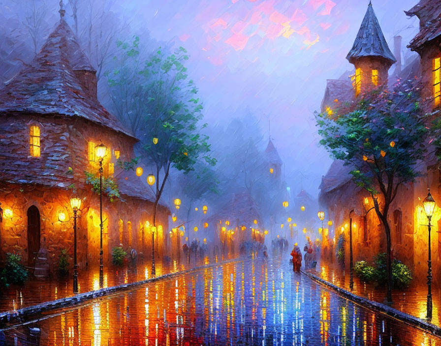 Impressionist-style painting of rainy cobblestone street